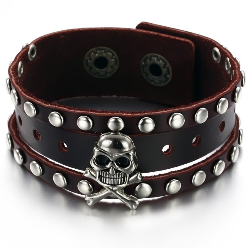 Kvalitets- Och Kvantitetsgaranterat Armband I Titanläder Med Dödskalle För Män Kvalitets- Och Kvantitetsgaranterat Armband I Titanläder Med Dödskalle För Män