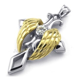 Halsband Med Hänge I Titan Med Kors Och Änglavingar I Guld (Gratis Kedja)