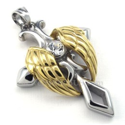 Halsband Med Hänge I Titan Med Kors Och Änglavingar I Guld (Gratis Kedja)