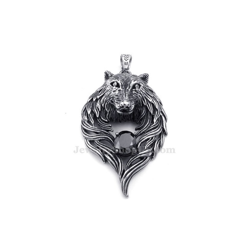 Halsband Med Svart Zirkon Och Titan, Varghänge (Gratis Kedja) Halsband Med Svart Zirkon Och Titan, Varghänge (Gratis Kedja)