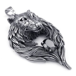 Halsband Med Svart Zirkon Och Titan, Varghänge (Gratis Kedja)