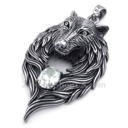Halsband Med Vitt Zirkonhänge I Titan Med Varg (Gratis Kedja)