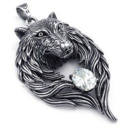 Halsband Med Vitt Zirkonhänge I Titan Med Varg (Gratis Kedja)