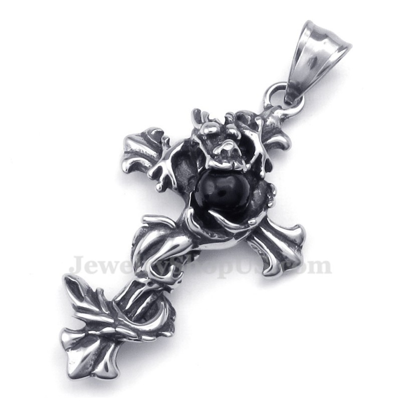Halsband Med Svart Pärla Och Kors I Titan Med Drakemotiv (Gratis Kedja) Halsband Med Svart Pärla Och Kors I Titan Med Drakemotiv (Gratis Kedja)