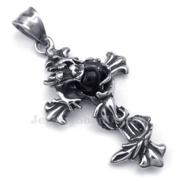 Halsband Med Svart Pärla Och Kors I Titan Med Drakemotiv (Gratis Kedja)