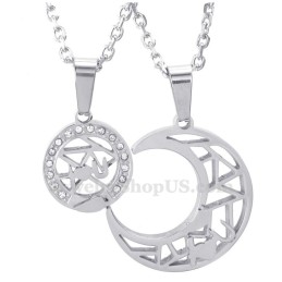 Titan Silver Måne Och Stjärnor Par Halsband Med Hänge (Gratis Kedja) (Ett Par)