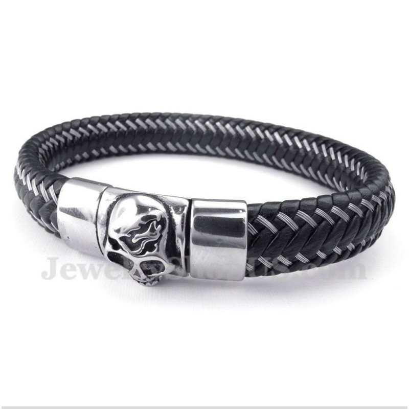 Herrarmband I Titansvart Läder Med Kabel Herrarmband I Titansvart Läder Med Kabel