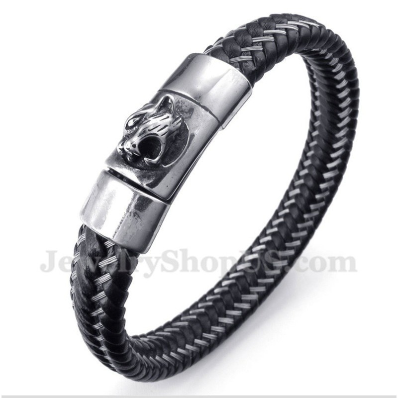 Herrarmband I Titansvart Läder Med Kabel Herrarmband I Titansvart Läder Med Kabel