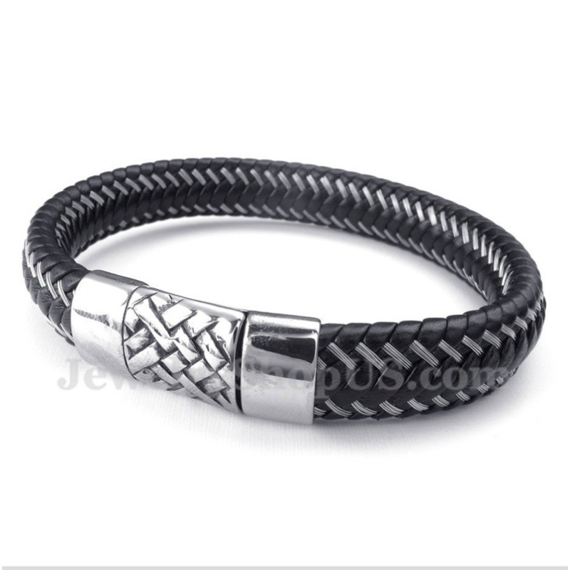 Herrarmband I Titansvart Läder Med Kabel Herrarmband I Titansvart Läder Med Kabel