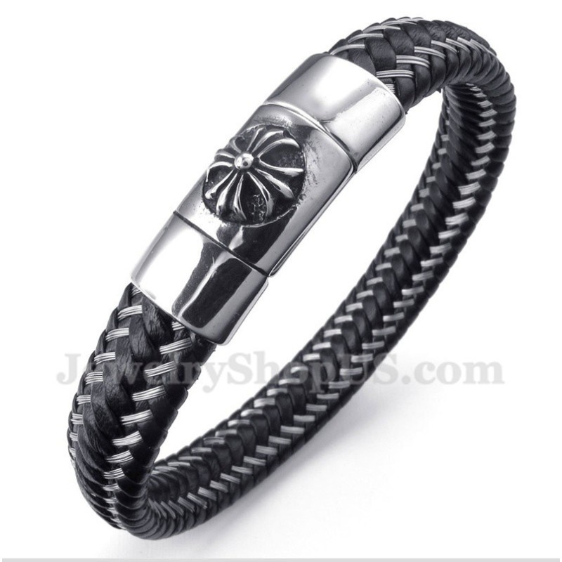 Herrarmband I Titansvart Läder Med Kabel Herrarmband I Titansvart Läder Med Kabel