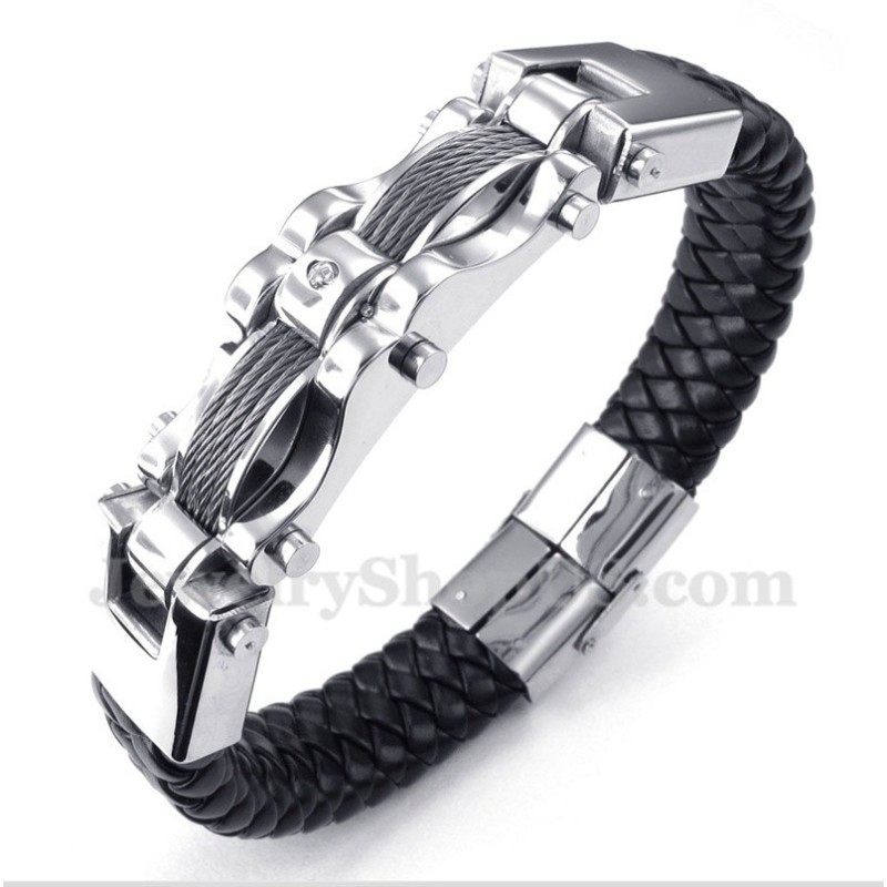 Herrarmband Med Titankabel I Läder Med Diamanter Herrarmband Med Titankabel I Läder Med Diamanter