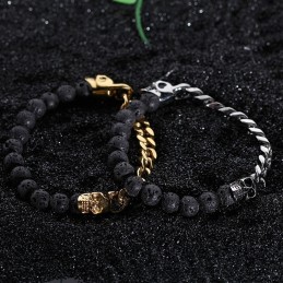Armband Med Skalle Och Buddha-Pärlor I Titan Med Vulkaniska Stenpärlor