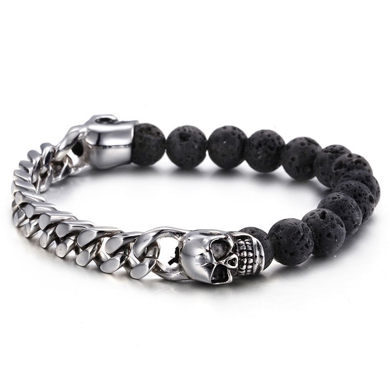 Armband Med Skalle Och Buddha-Pärlor I Titan Med Vulkaniska Stenpärlor Armband Med Skalle Och Buddha-Pärlor I Titan Med Vulkaniska Stenpärlor