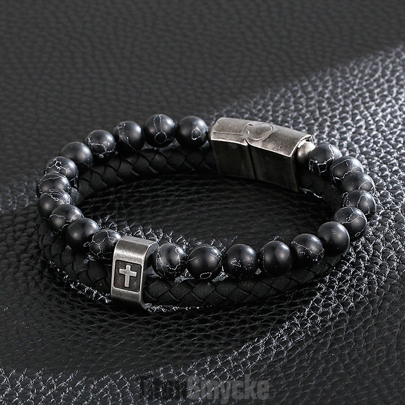 Turkos Titanarmband Moderiktigt Herrarmband Med Kors I Läder Turkos Titanarmband Moderiktigt Herrarmband Med Kors I Läder
