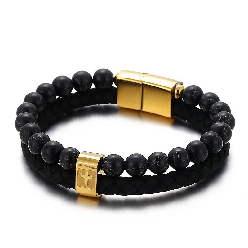 Turkos Titanarmband Moderiktigt Herrarmband Med Kors I Läder Turkos Titanarmband Moderiktigt Herrarmband Med Kors I Läder