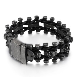 Retrofärgat Tjockt Dödskalle-Läderremarmband I Titan För Män, Bikerarmband
