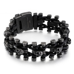 Retrofärgat Tjockt Dödskalle-Läderremarmband I Titan För Män, Bikerarmband