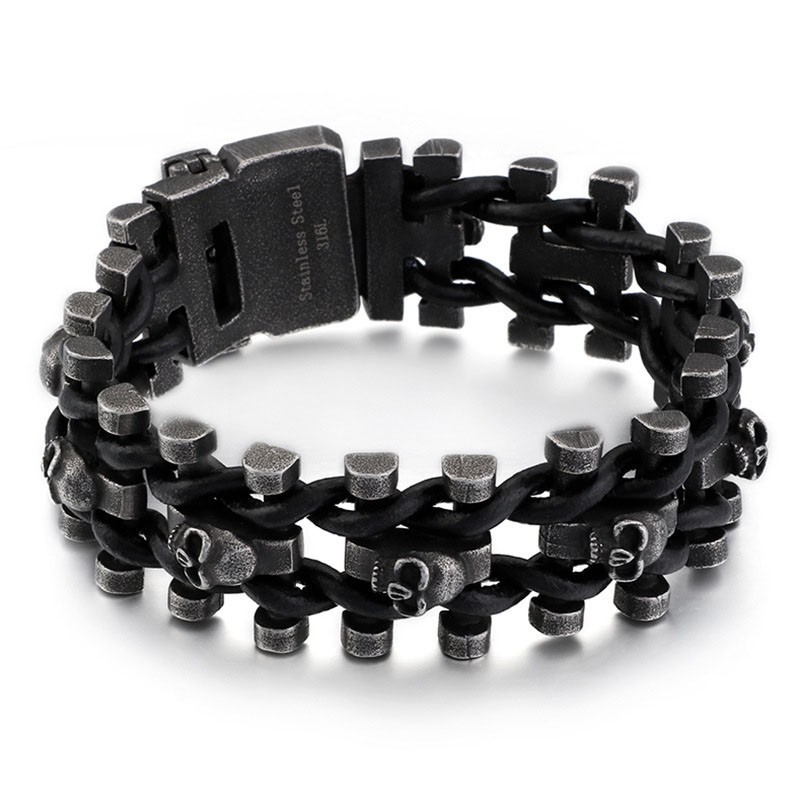 Retrofärgat Tjockt Dödskalle-Läderremarmband I Titan För Män, Bikerarmband Retrofärgat Tjockt Dödskalle-Läderremarmband I Titan För Män, Bikerarmband