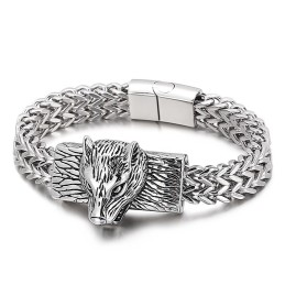 Hiphop-Armband Med Varghuvud Och Dubbelradigt Kölvävt Kedjemönster För Män I Titan
