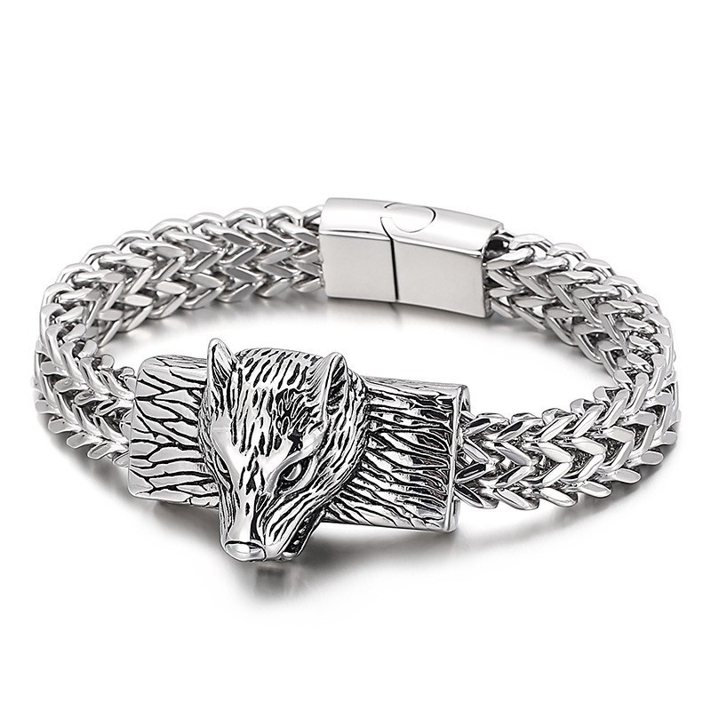Hiphop-Armband Med Varghuvud Och Dubbelradigt Kölvävt Kedjemönster För Män I Titan Hiphop-Armband Med Varghuvud Och Dubbelradigt Kölvävt Kedjemönster För Män I Titan