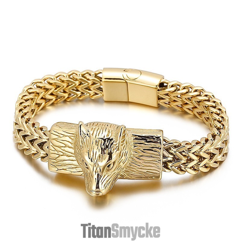 Hiphop-Armband Med Varghuvud Och Dubbelrad Kölvävd Kedja För Män I Titan Hiphop-Armband Med Varghuvud Och Dubbelrad Kölvävd Kedja För Män I Titan