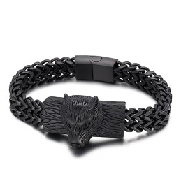 Hiphop-Armband Med Varghuvud Och Dubbelrad Kölvävd Kedja För Män I Titan