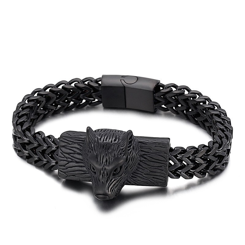 Hiphop-Armband Med Varghuvud Och Dubbelrad Kölvävd Kedja För Män I Titan Hiphop-Armband Med Varghuvud Och Dubbelrad Kölvävd Kedja För Män I Titan