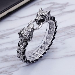 Titanarmband Med Dubbelt Varghuvud Och Lås I Titan För Män