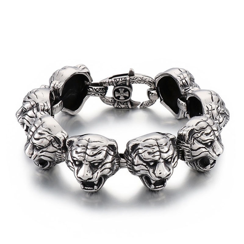 Coolt Moderiktigt Tigerhuvudkorsblomspänne I Titanarmband För Män Coolt Moderiktigt Tigerhuvudkorsblomspänne I Titanarmband För Män