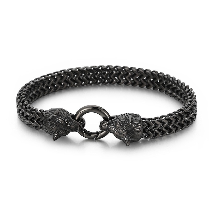 Coolt Rock Hiphop-Stil Dubbelt Varghuvud I Titanarmband För Män Coolt Rock Hiphop-Stil Dubbelt Varghuvud I Titanarmband För Män