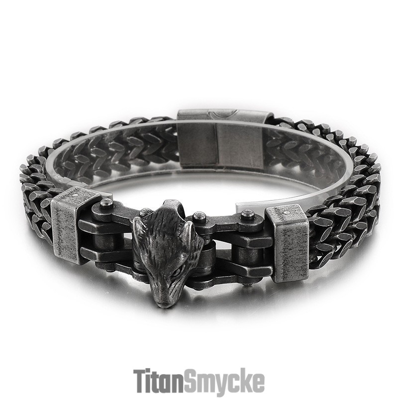 Coolt Hiphop-Armband I Titan Med Plätering Av Varghuvud För Män Coolt Hiphop-Armband I Titan Med Plätering Av Varghuvud För Män