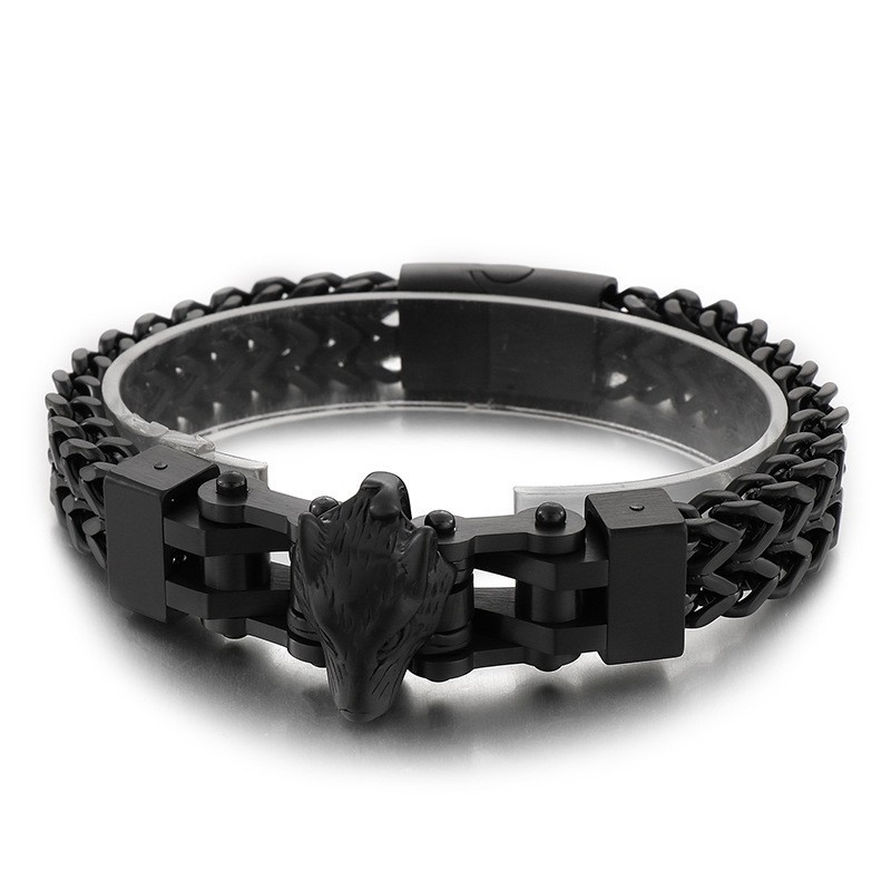 Moderiktigt Coolt Hiphop-Armband I Titan Med Plätering Av Varghuvud För Män Moderiktigt Coolt Hiphop-Armband I Titan Med Plätering Av Varghuvud För Män