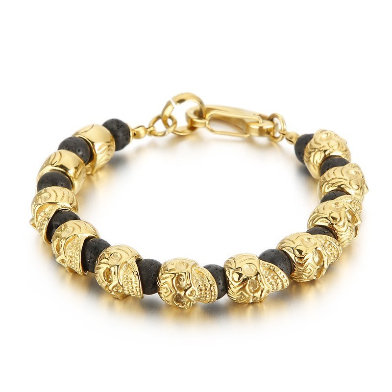 Titanarmband Med Skalle Och Tigeröga För Män. Armband Med Vulkansten. Titanarmband Med Skalle Och Tigeröga För Män. Armband Med Vulkansten.