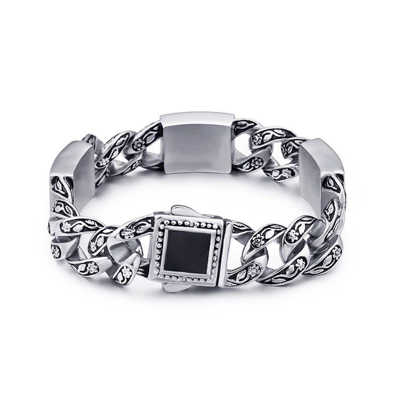 Vintage Hiphop-Stil Blommönster Med Diamantspänne För Män I Titanarmband Vintage Hiphop-Stil Blommönster Med Diamantspänne För Män I Titanarmband