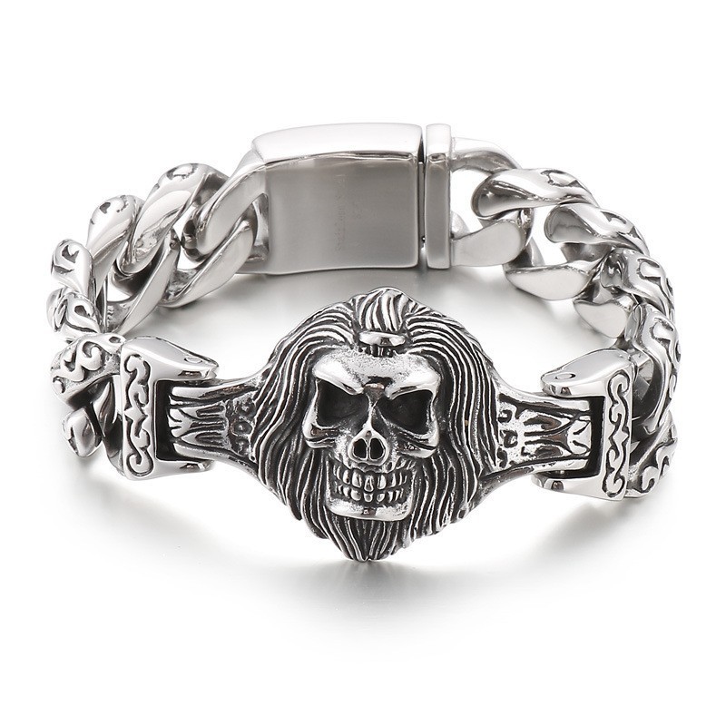 Armband Med Skallehuvud Och Blomma I Titan För Män Armband Med Skallehuvud Och Blomma I Titan För Män