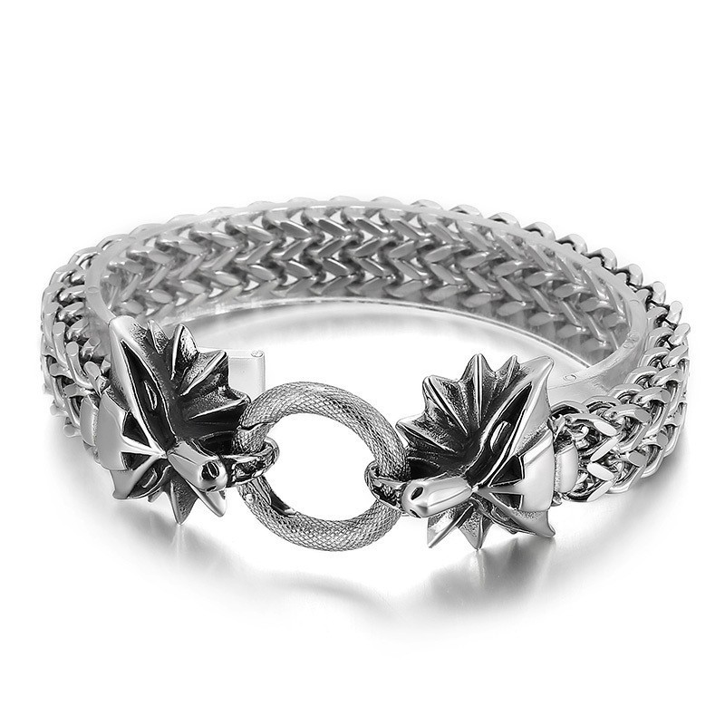 Populärt Coolt Flätat Titanarmband Med Dubbelt Djurhuvud För Män Populärt Coolt Flätat Titanarmband Med Dubbelt Djurhuvud För Män
