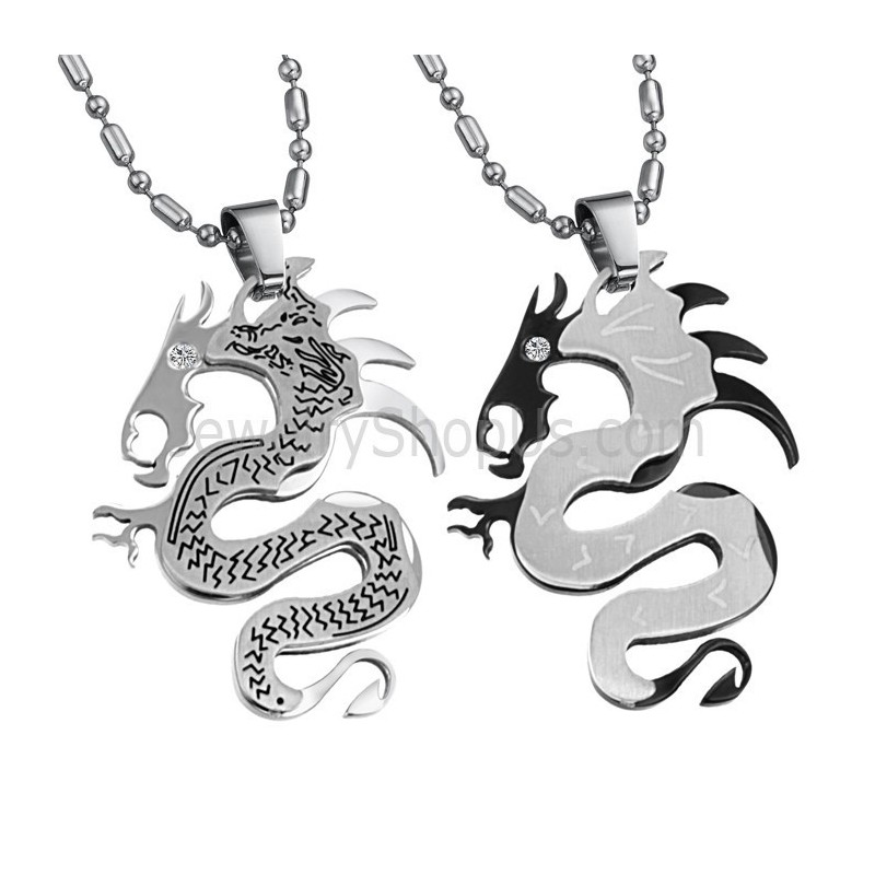 Titansilver- Och Svarta Drakeälskarhängen Med Gratis Kedjor C399 Titansilver- Och Svarta Drakeälskarhängen Med Gratis Kedjor C399