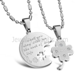 Titan Silver Clover Lovers Hängsmycken Med Strassstenar Och Gratis Kedjor C599