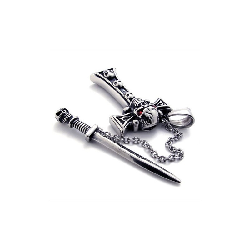 Titanium Korshänge Med Dödskalle Och Röd Diamantdolk Titanium Korshänge Med Dödskalle Och Röd Diamantdolk