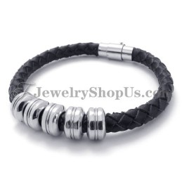 Moderiktigt Svart Läder- Och Titanarmband