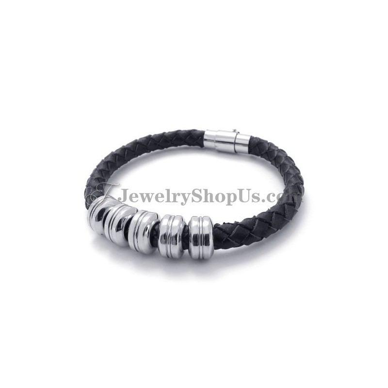 Moderiktigt Svart Läder- Och Titanarmband Moderiktigt Svart Läder- Och Titanarmband