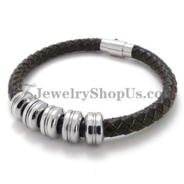 Elegant Svart Läder- Och Titanarmband