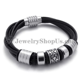 Elegant Svart Läder- Och Titanarmband