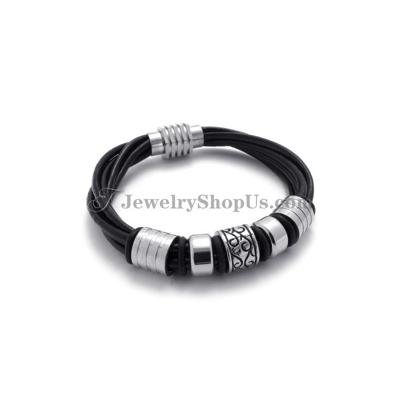 Elegant Svart Läder- Och Titanarmband Elegant Svart Läder- Och Titanarmband