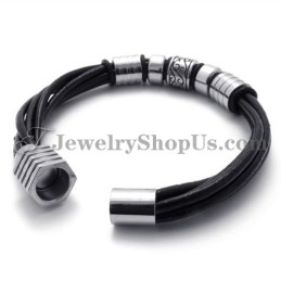 Elegant Svart Läder- Och Titanarmband