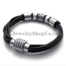 Elegant Svart Läder- Och Titanarmband
