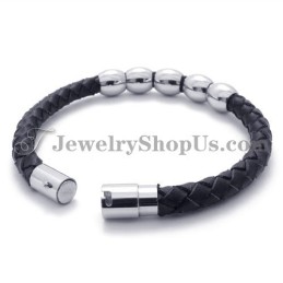 Svart Läder- Och Titanarmband