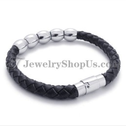 Svart Läder- Och Titanarmband